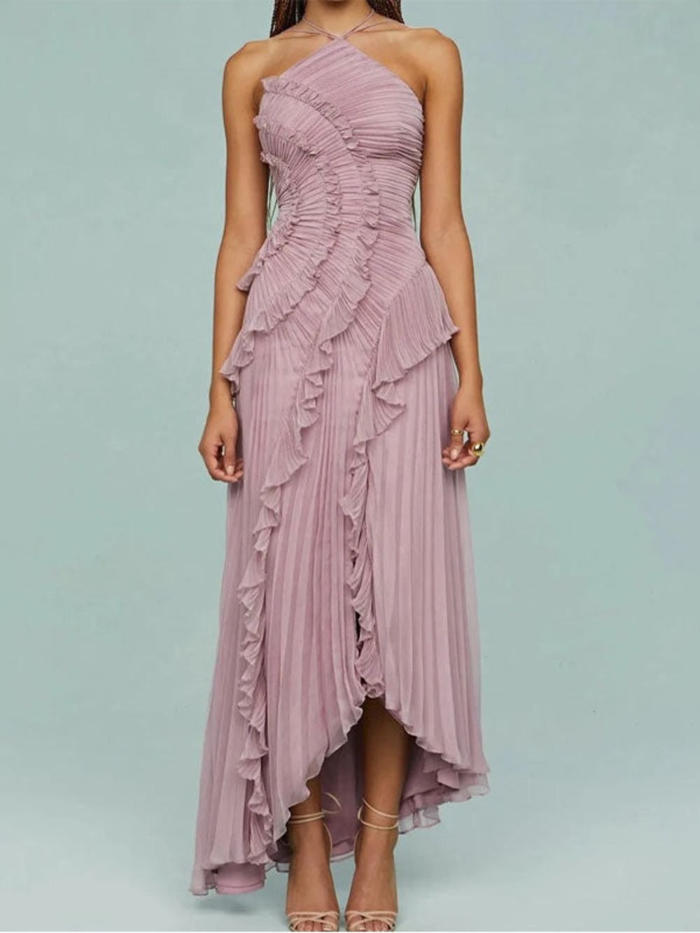 Elegant Mauve One-Shoulder Ruffle Maxi Dress